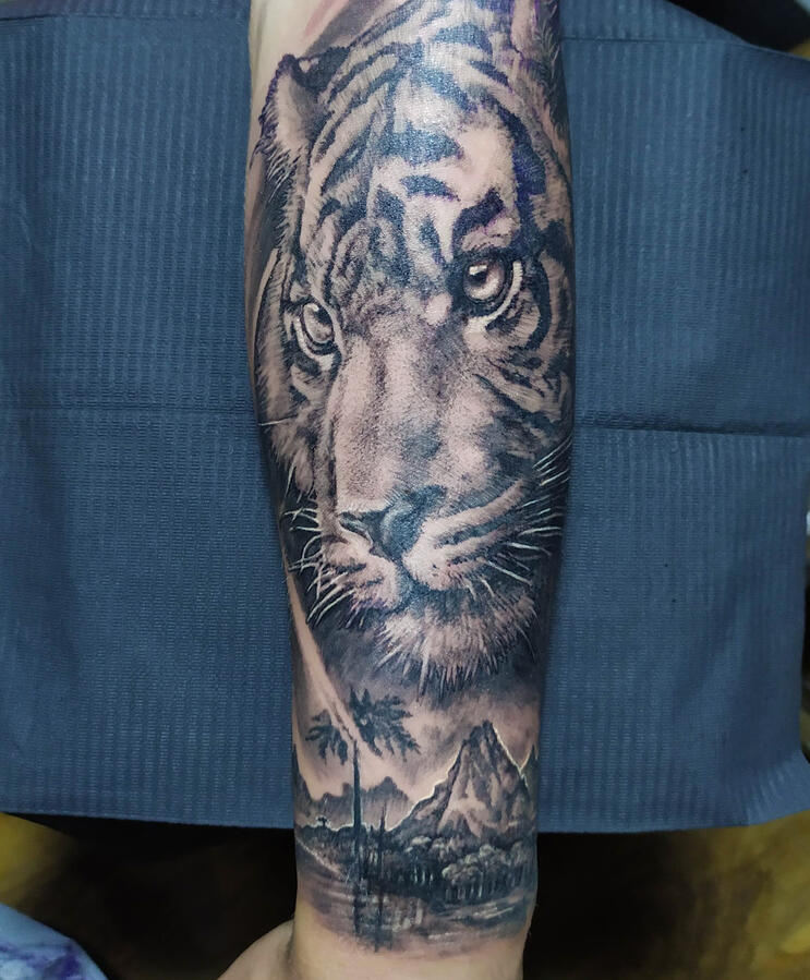 Tiger Realistic tiger portrait tattoo over a beautiful island scenery in the distance.